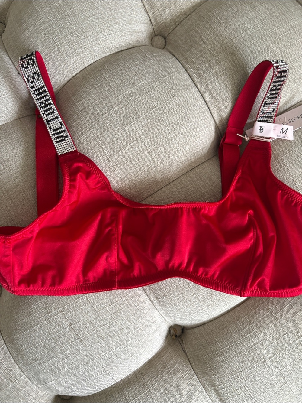 Victoria's Secret Red Satin Bra with Rhinestone Straps